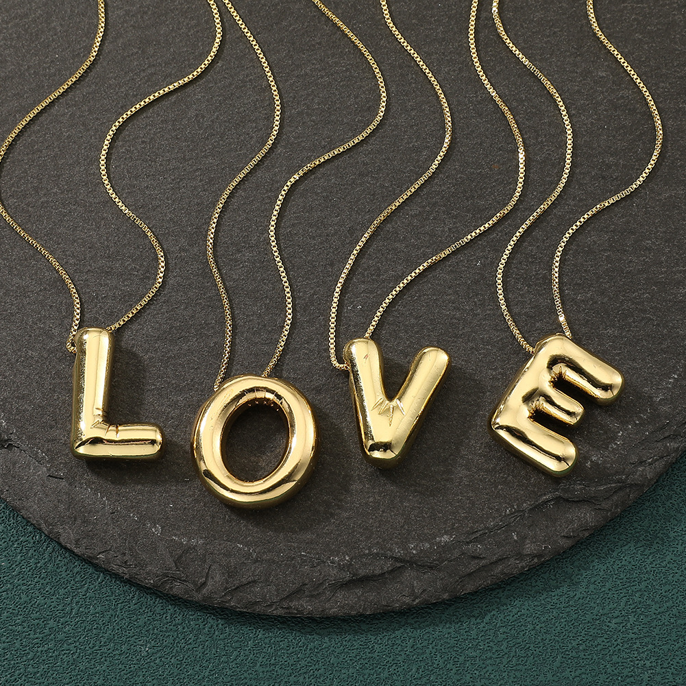 Puffy Balloon Initial Letter Necklace Gold Plated Copper Zircon 3D Alphabet Pendant Fashion Jewelry For Women
