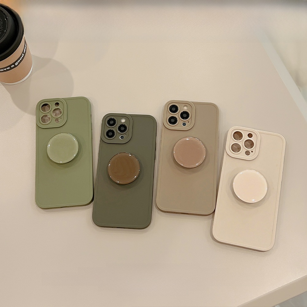 Vintage Morandi Matte TPU Silicone Phone Case With Airbag Bracket Holder Shockproof Protective Cover For iPhone 16 15 14 13 12 11 Pro Max Plus