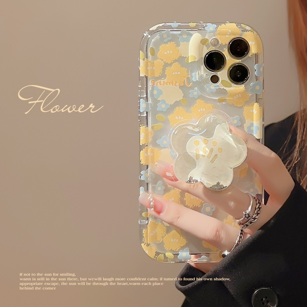 Clear Floral Pattern TPU Soft Phone Case With Liquid Quicksand Flower Bracket For iPhone 16 15 14 13 12 11 Pro Max Protective Back Cover For Women Girls