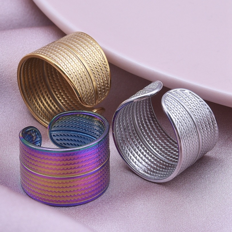 Geometric Stainless Steel Ring Wide Band Mesh Texture Open Adjustable Minimalist Jewelry For Women Men