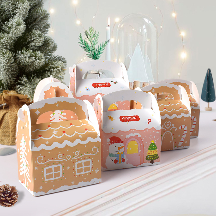 Christmas Portable Gift Boxes Cardboard Gingerbread House Snowman Pattern Candy Packing Boxes For Holiday Party Favors Treats Supplies Decoration