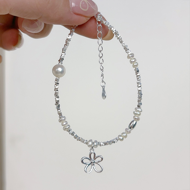 S925 Sterling Silver Freshwater Pearl Bracelet For Women Sweet Flower Pendant Broken Silver Beads Adjustable Chain Bracelet Jewelry Gift