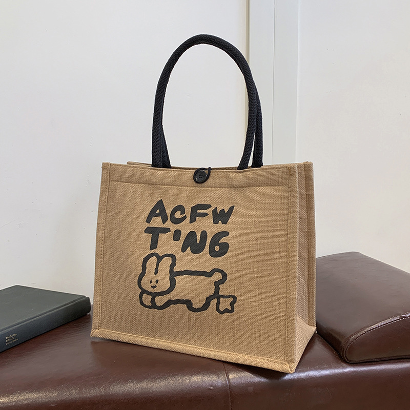 Women's Large Jute Tote Bag Eco-Friendly Linen Handbag With Inner Zipper Pocket Button Closure Artistic Printing Reusable Shopping Bag For Daily Travel