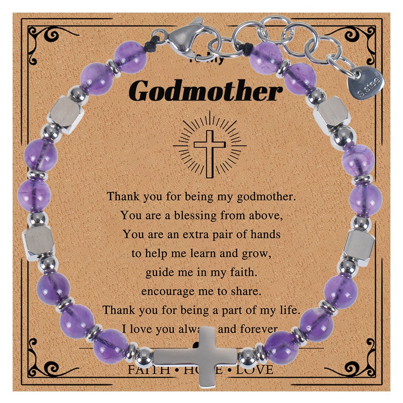 Godmother Gift Stainless Steel Cross Pendant Bracelet With Natural Stone Amethyst Tiger Eye Beads Religious Minimalist Jewelry For Women Mother's Day Gift