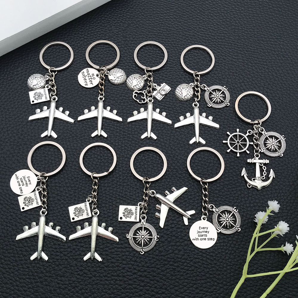 Antique Silver Zinc Alloy Travel Airplane Keychain With Globe Compass Passport Pendant No Matter Where Letter Tag For Travelers Backpack Decoration Key Ring