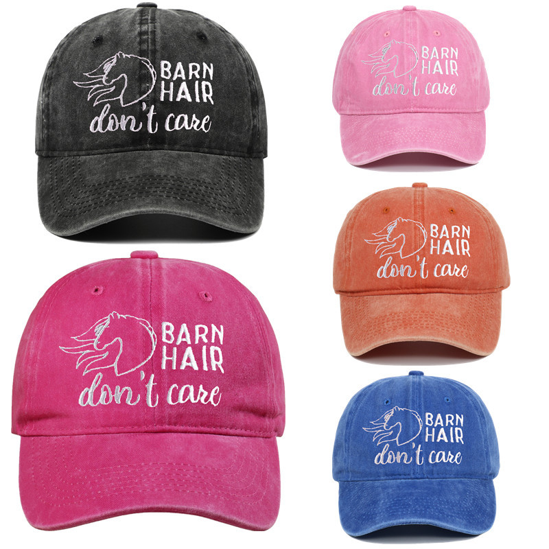 Barn Hair Don't Care Letter Embroidery Washed Cotton Baseball Cap Retro Distressed Adjustable Sun Hat Horse Silhouette For Men Women Outdoor Casual Sport