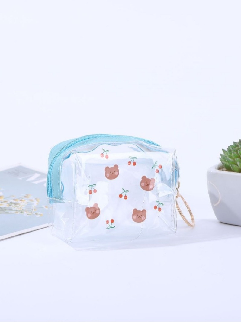 Cute Cartoon Bear Transparent PVC Mini Coin Purse Waterproof Small Item Storage Bag With Metal Keychain Ring For Girls Women Daily Student Wallet Card Holder