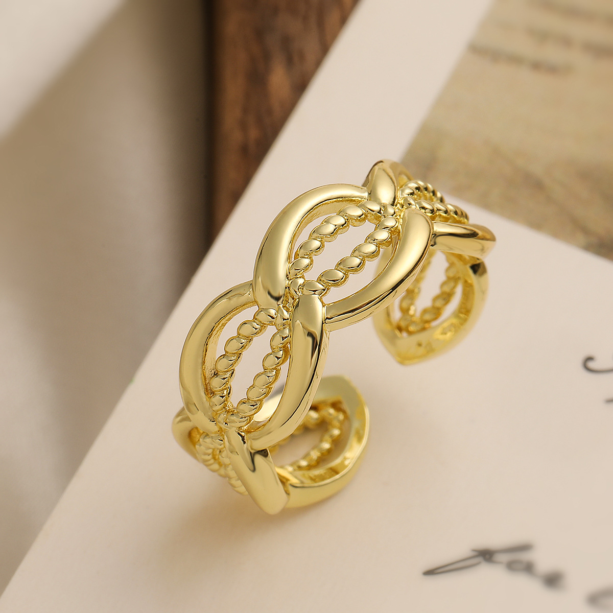 Geometric Open Ring Gold Plated Copper Woven Texture Hollow Minimalist Adjustable Jewelry Women Simple Chic Finger Ring