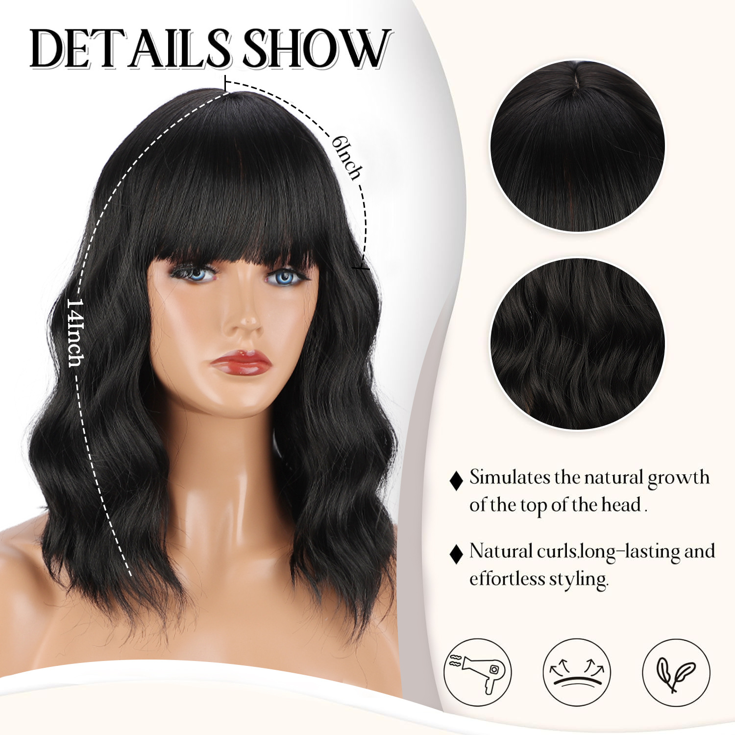 Women Short Water Wave Curly Bob Wig With Flat Bangs Natural Looking Synthetic Heat Resistant Fiber Ombre Pink Blue Black Purple Wigs For Cosplay Daily Party Women