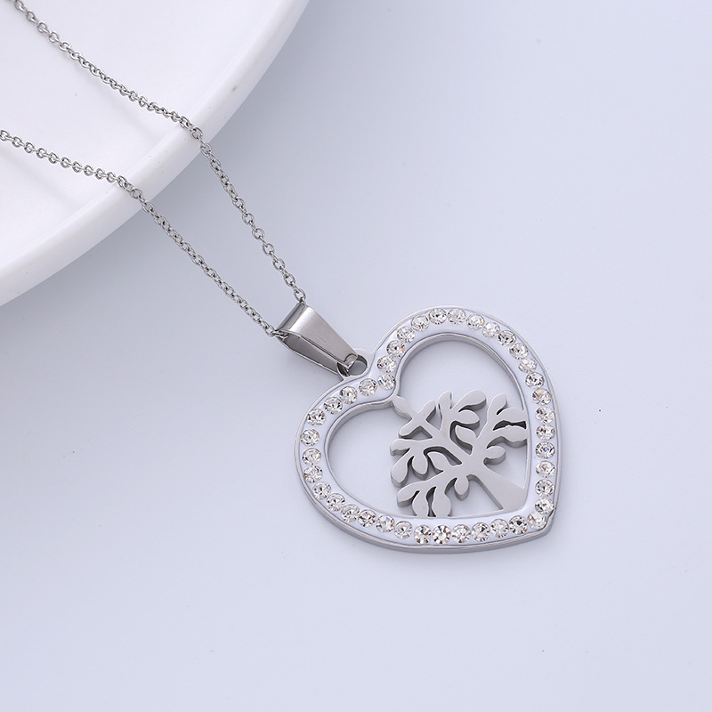 Heart Pendant Necklace Stainless Steel Hollow Tree Of Life Rhinestone Inlaid Fashion Elegant Jewelry For Women
