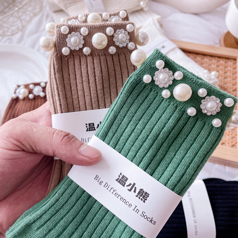 Women's Elegant Pearl Rhinestone Mid-Calf Socks Rib Knit Cotton Blend Solid Color Crew Socks For Loafers Autumn Winter Beaded Decorative Trendy Hosiery