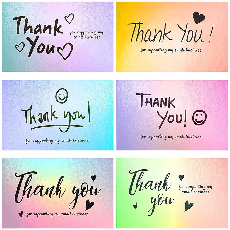 Holographic Rainbow Thank You Cards Waterproof PET Laminated Appreciation Cards For Supporting My Small Business 50x90mm Laser Gradient Stickers For Gift Packaging Online Retailers