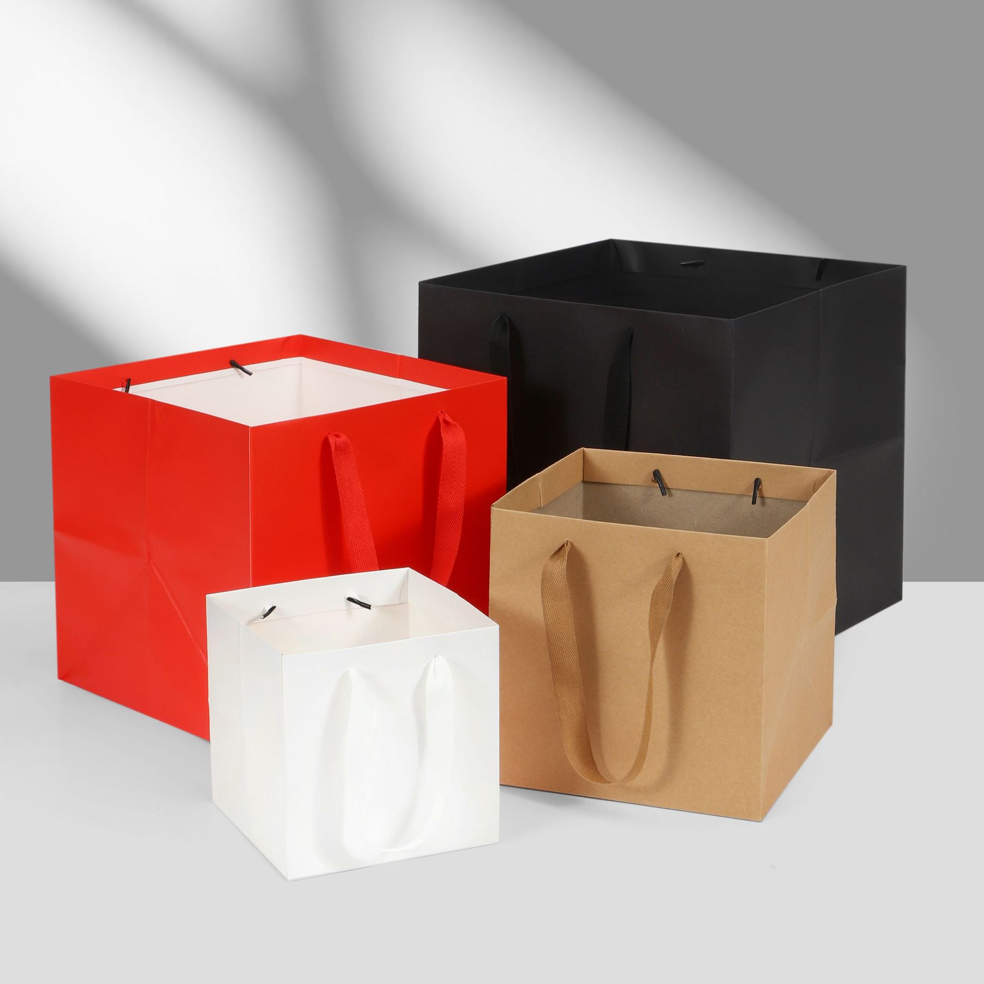 Square Bottom Kraft Paper Gift Bags With Ribbon Handles Minimalist Heavy Duty Packaging Bags For Wedding Party Gifting Flower Packaging