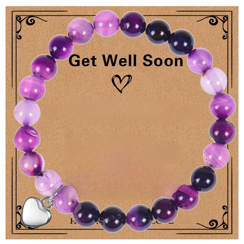 Natural Stone Healing Bracelet With Silver Heart Cross Pendant Get Well Soon Wish Card Agate Quartz Beaded Elastic Bracelet For Women Anxiety Relief Gift
