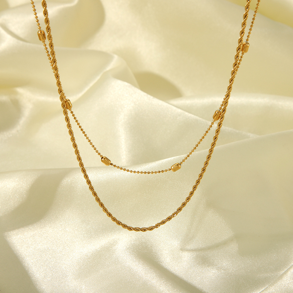 Double Layer Necklace Stainless Steel Gold Plated Rope Chain And Bead Chain With Cylindrical Charms For Women Hip Hop Jewelry