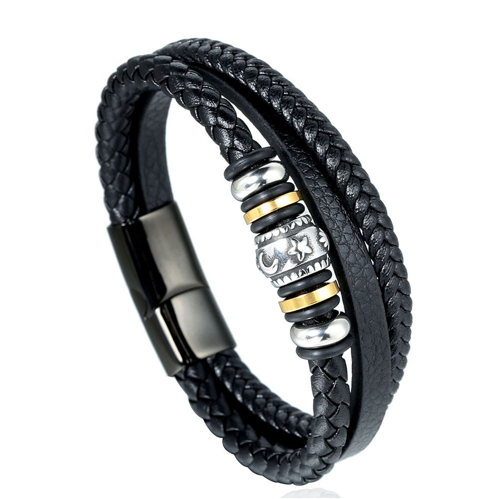 Men Multi Layer Braided Leather Bracelet Stainless Steel Beads Star Moon Cross Pattern Magnetic Clasp Ethnic Punk Fashion Accessory