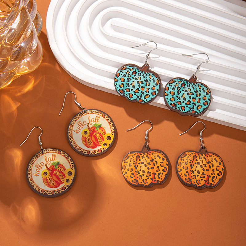 Halloween Thanksgiving Pumpkin Drop Earrings Wood Acrylic Leopard Print Sunflower Hello Fall Earrings For Women Holiday Jewelry