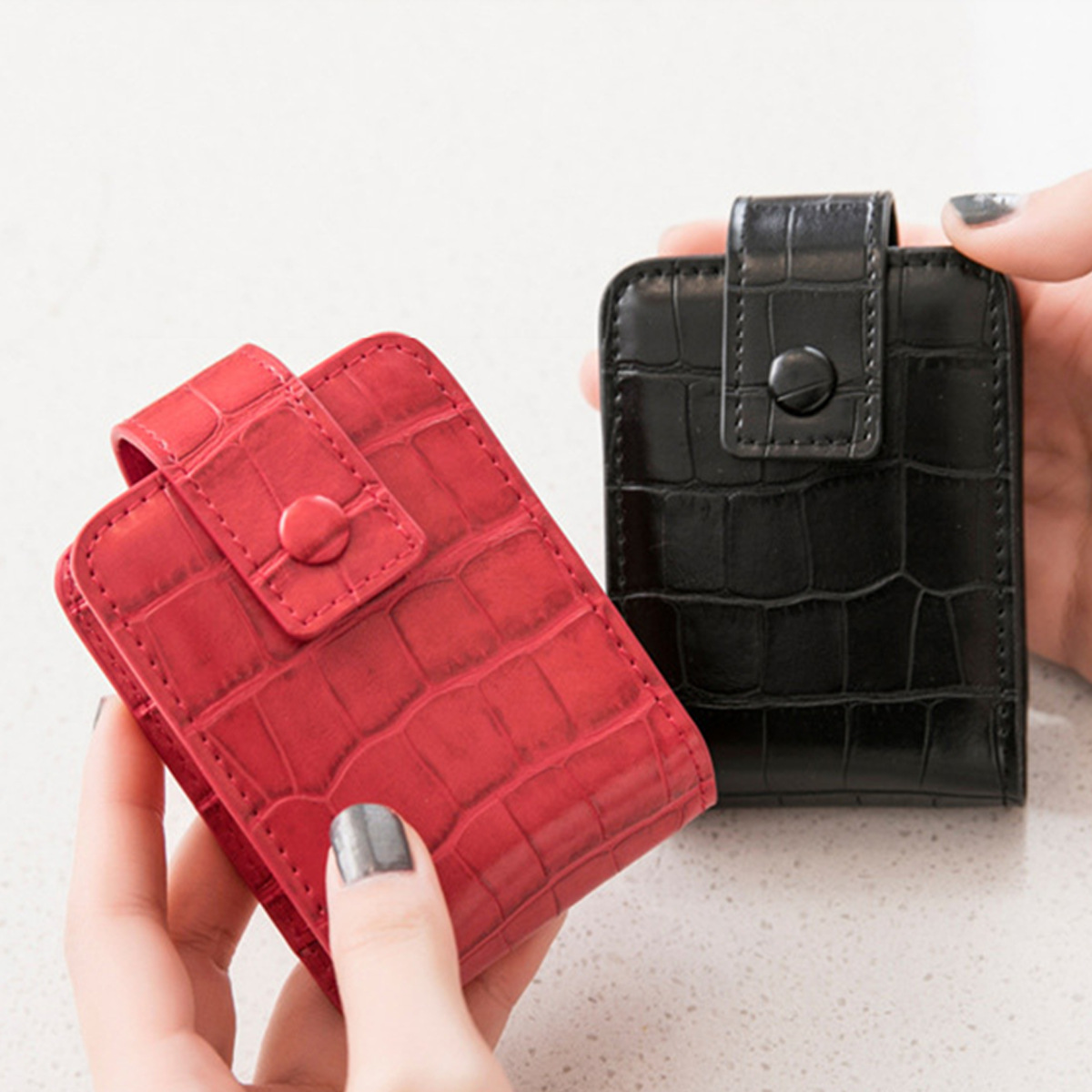 Portable Crocodile Pattern PU Leather Lipstick Case With Built-in Mirror Mini Makeup Bag For Women Small Travel Cosmetic Organizer Pouch