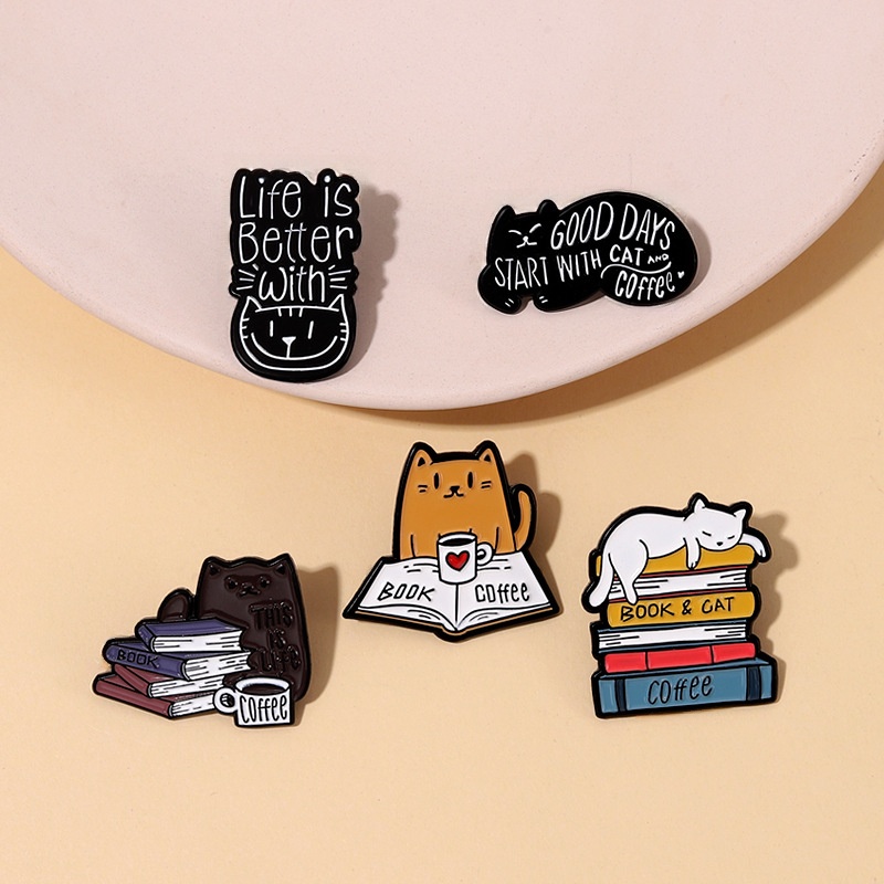 Cute Cartoon Cat Book Enamel Brooch Pin Set Alloy Animal Reading Coffee Lapel Pins For Backpack Clothing Accessories Gift For Cat Lovers Women Men
