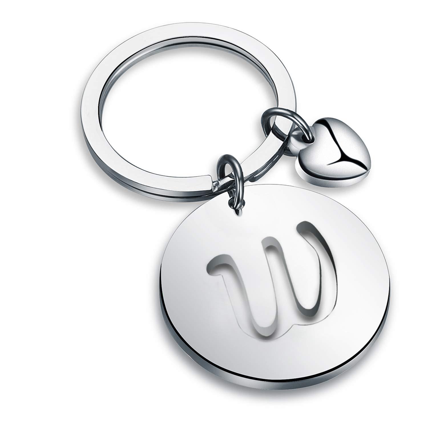 Stainless Steel Initial A-Z Letter Keychain With Heart Pendant Round Plate Alphabet Keyring For Men Women Friend Graduation Gift