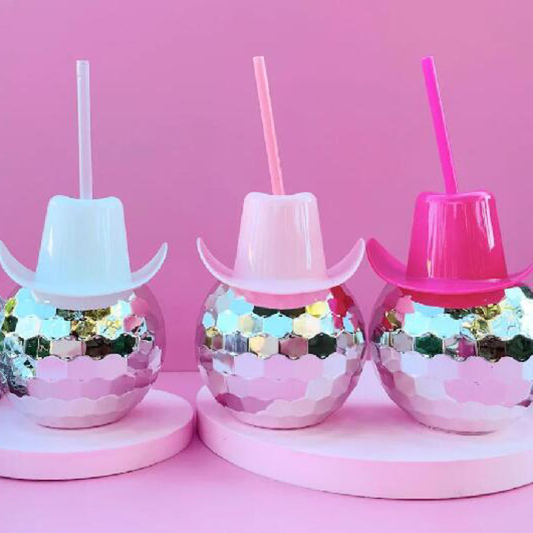 600ml Electroplated Disco Ball Straw Cup With Cowboy Hat Lid Retro Silver Mirror Ball Cup For Party Bar Club Drinkware Creative Disco Party Supplies