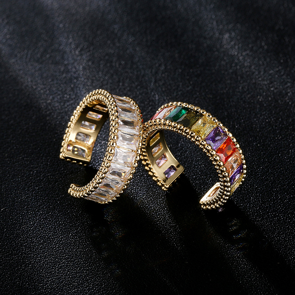 Luxury Baguette Cubic Zirconia Open Ring Copper Adjustable Beaded Edge Fashion Jewelry For Women