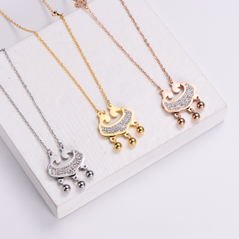 Stainless Steel Long Life Lock Pendant Necklace With Zircon Traditional Ruyi Style Jewelry For Women