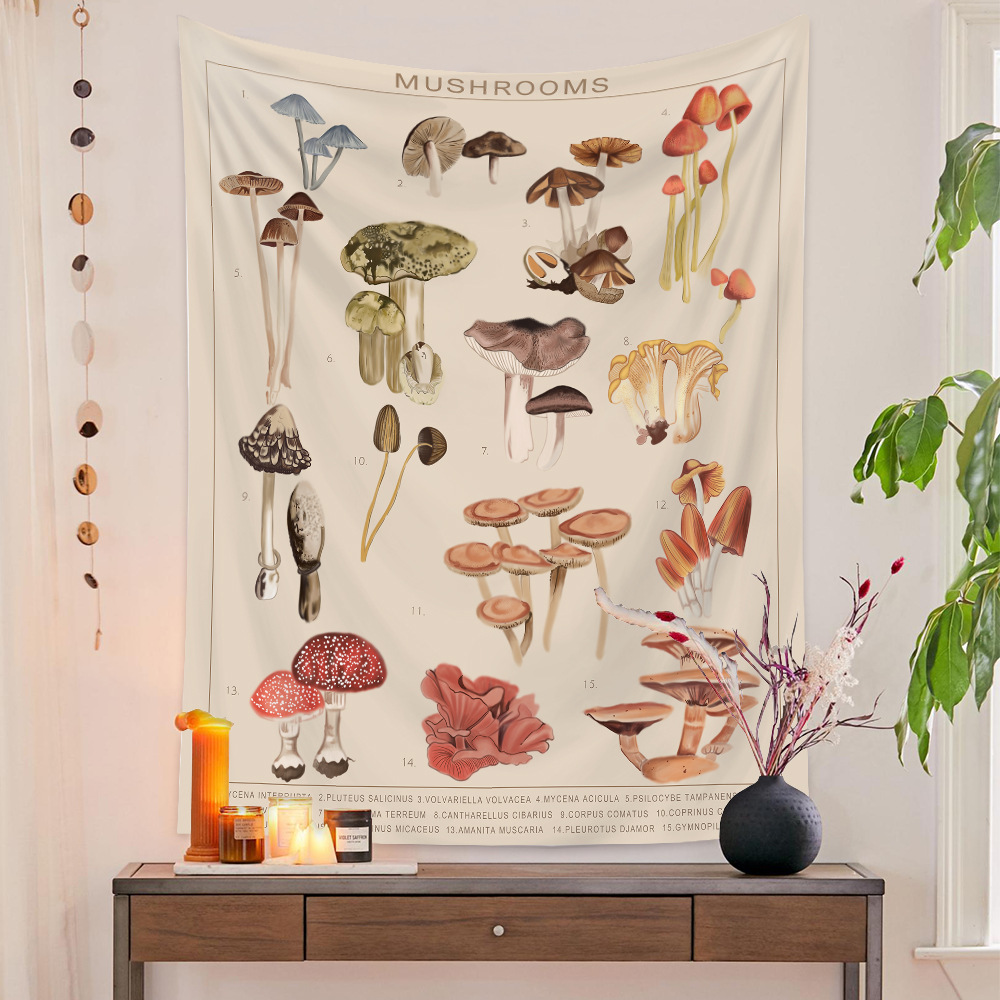 Vintage Mushroom Tapestry Polyester Wall Hanging Retro Botanical Herbs Nature Wall Decor For Bedroom Living Room Dorm Aesthetic Witchcraft Mystery Tapestries