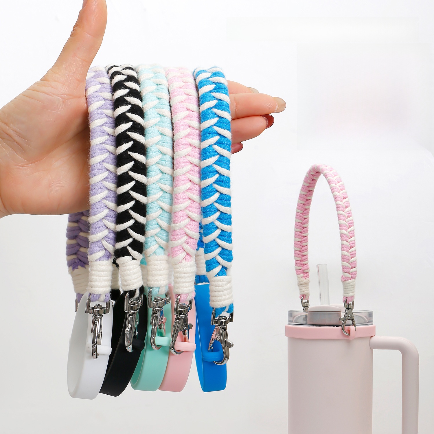 Handmade Braided Cup Handle Carrying Strap For Stanley 40oz Tumbler Cotton Rope Silicone Ring Water Bottle Holder With Metal Clasp For Outdoor Travel Fitness