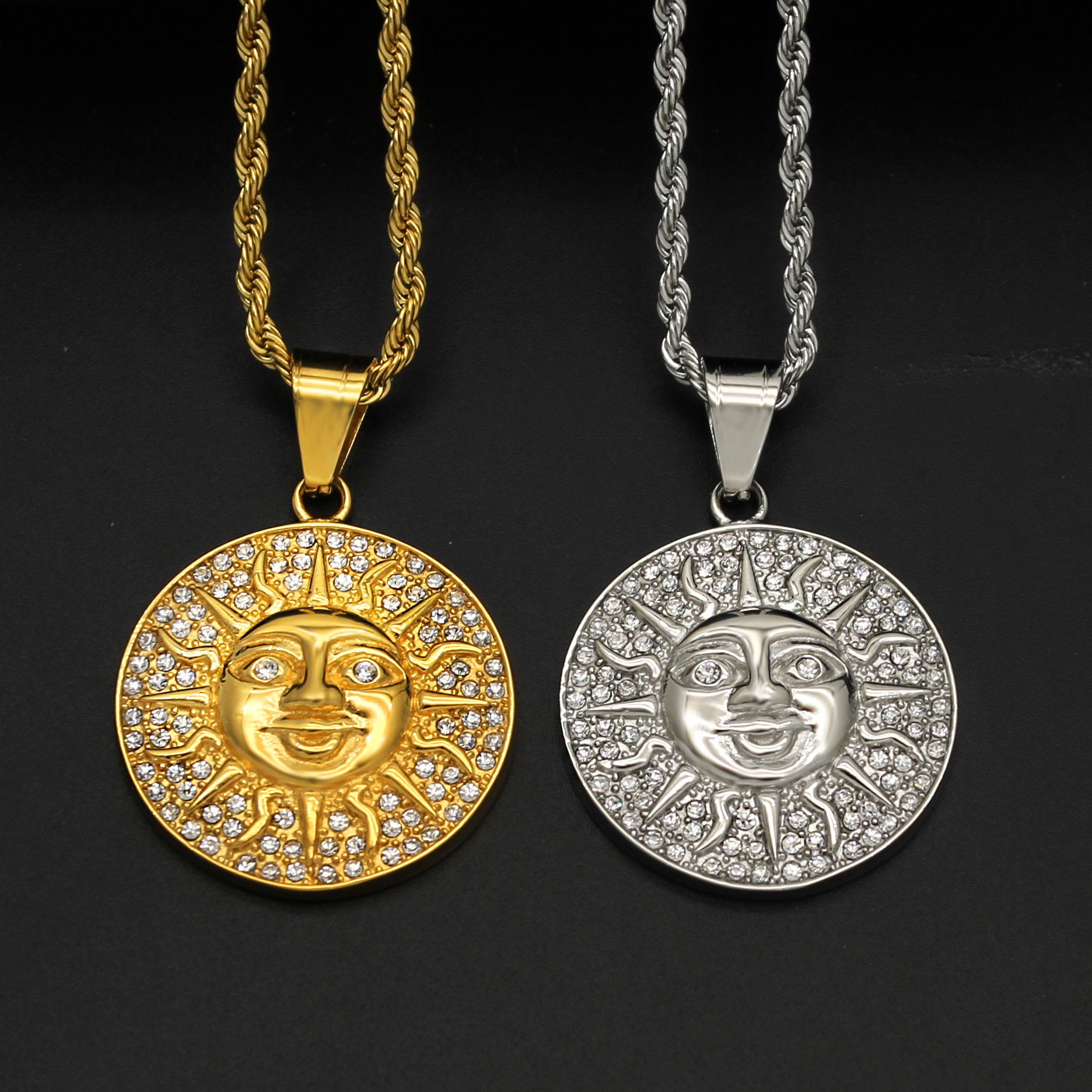 Hip Hop Sun Face Round Pendant Stainless Steel Rhinestone Gold Plated Medallion Necklace Fashion Punk Jewelry For Men
