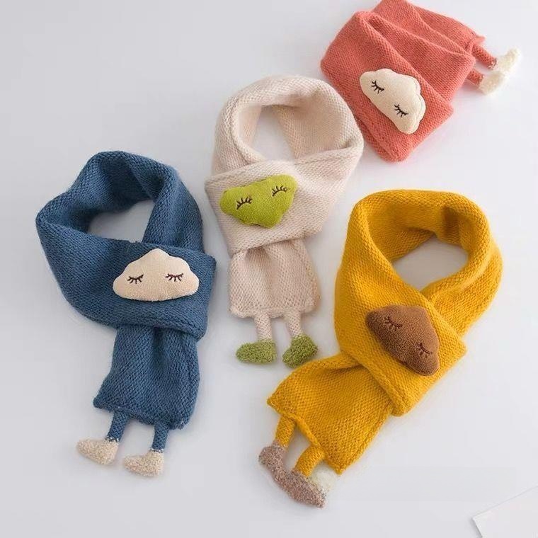 Children's Knitted Scarf Soft Mixed Yarn Warm Winter Neck Warmer Cute Cartoon Cloud 3D Decoration Baby Boys Girls Double Layer Thickened 6 Months-4Y