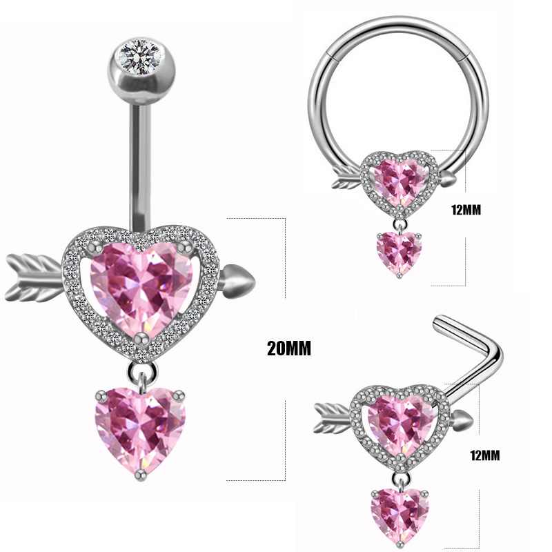 Pink Zircon Cupid Arrow Through Heart 316L Stainless Steel Belly Ring Nose Stud Ring Body Piercing Jewelry Women Gift