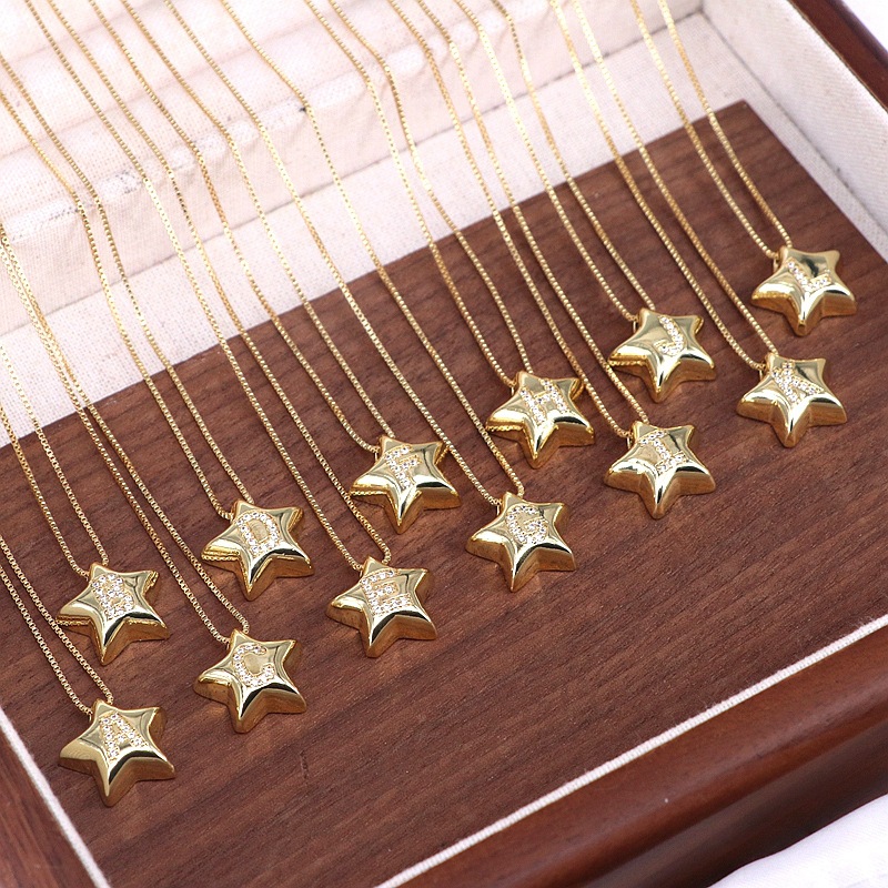 Star Initial Pendant Necklace Copper Gold Plated Zircon Rhinestone Chic Minimalist Luxury Jewelry For Women Capital Letters