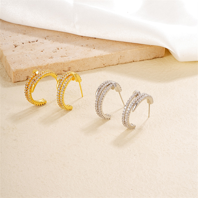 Copper Nail Shape Hoop Earrings Micro Pave Zircon Geometric C Shaped Industrial Fashion Jewelry For Women