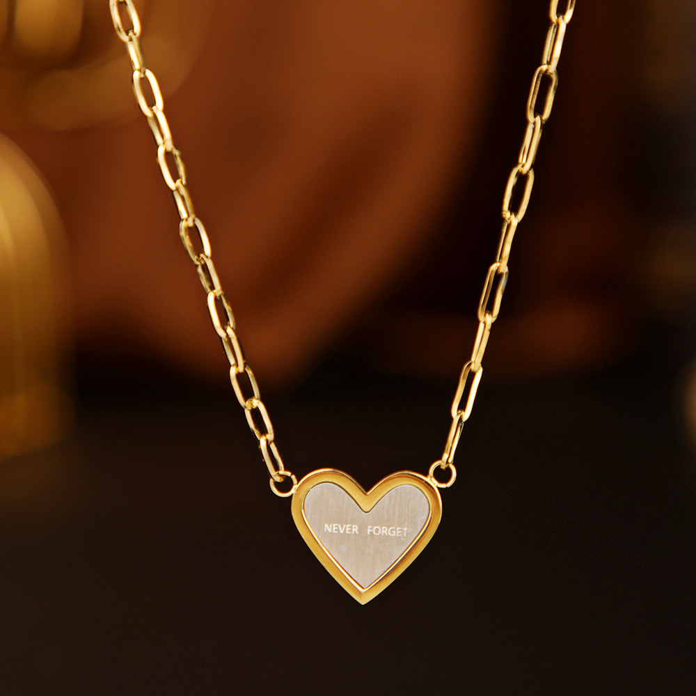 Heart Pendant Necklace Never Forget Engraved 14K Gold Plated Stainless Steel Paperclip Chain INS Style Jewelry For Women