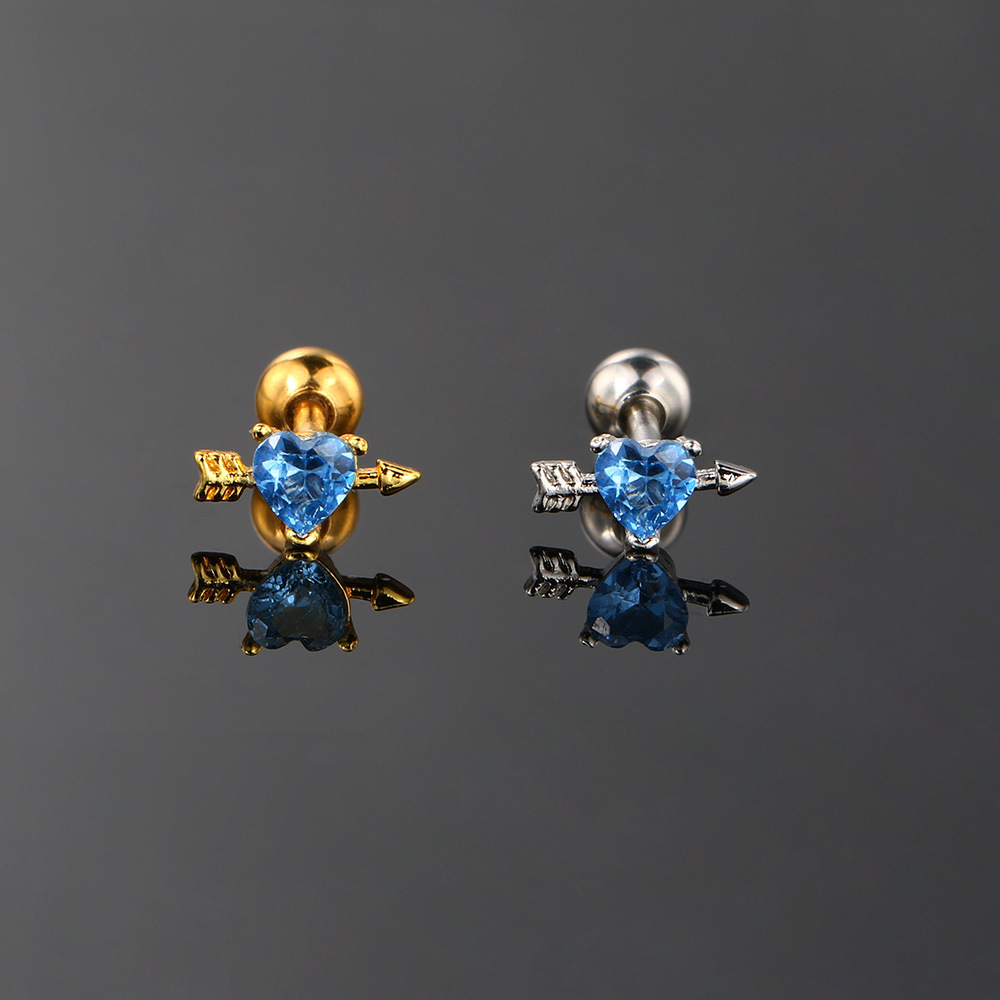Heart Cupid Arrow Ear Cartilage Stud Copper Cubic Zirconia Piercing Earring Blue Stone Screw Ball Back For Women