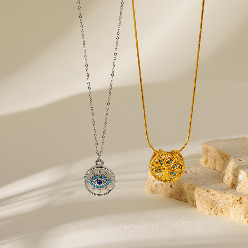Stainless Steel Necklace For Women Tree Of Life Evil Eye Pendant Blue Rhinestone Snake Chain Bohemian Fashion Jewelry