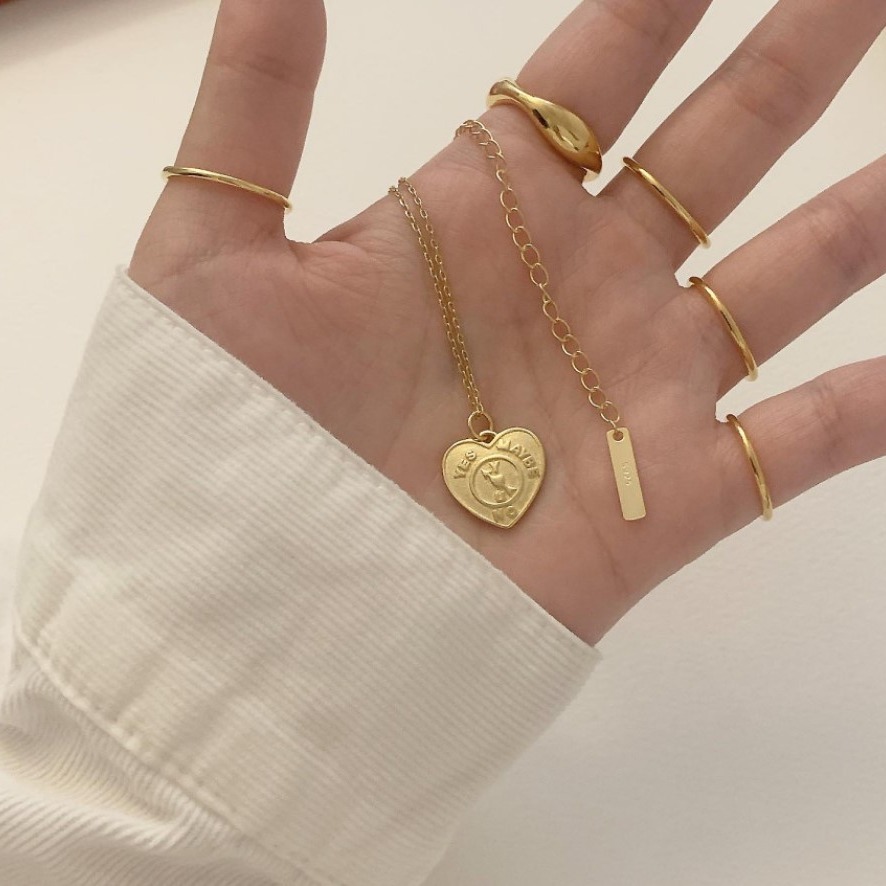 925 Sterling Silver Gold Plated Heart Rectangle Coin Pendant Necklace Retro YES MAYBE NO Letter Embossed Choker Jewelry For Women