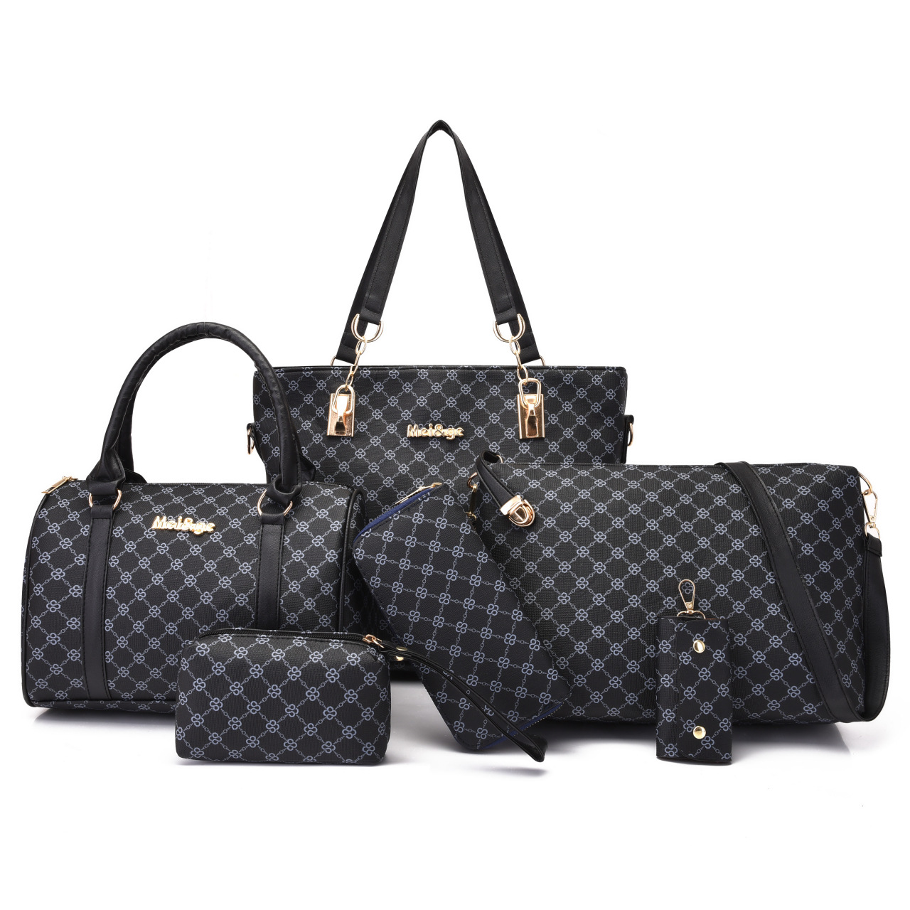 Fashion 6-Piece Women Bag Set Monogram Print PU Leather Tote Boston Crossbody Handbags With Purse Cosmetic Bag And Key Holder Daily Travel For Women