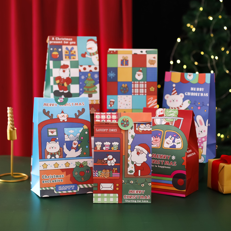 Christmas Gift Packaging Paper Bags With Sealing Stickers Santa Claus Snowman Reindeer Cartoon Candy Snack Bags For Xmas Holiday Party Celebration Gift Giving