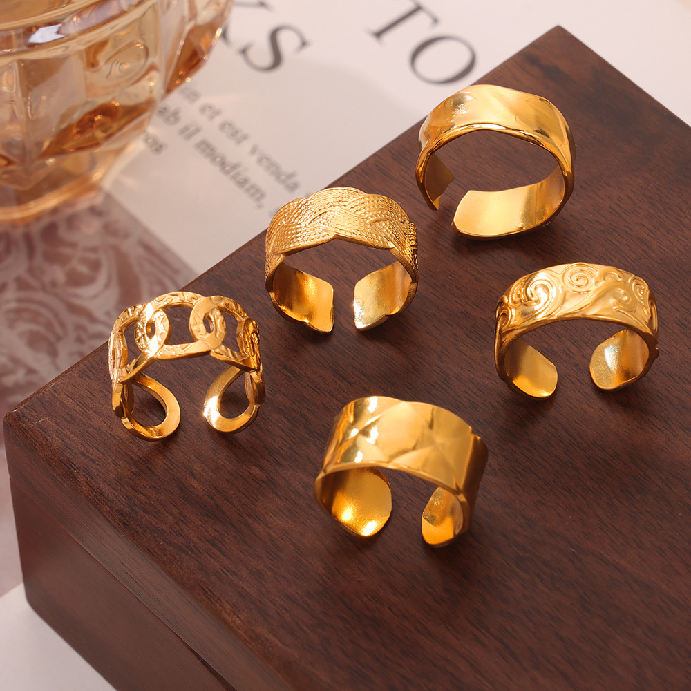 Vintage Open Rings For Women Gold Plated Stainless Steel Adjustable Textured Band Ring Minimalist Retro Jewelry Accessory