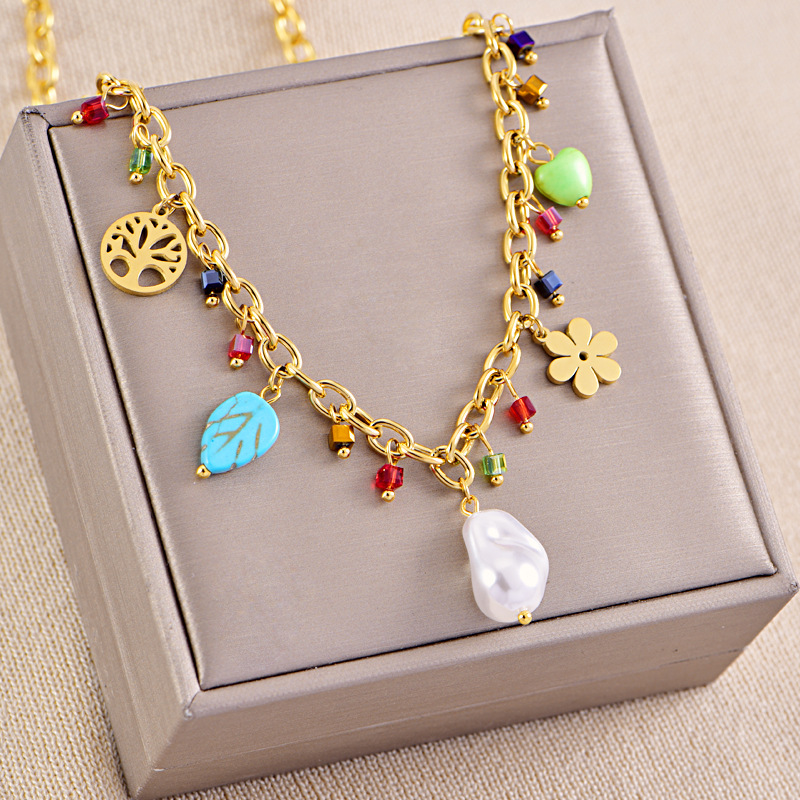Gold Plated Stainless Steel Necklace With Baroque Pearl Tree Of Life Heart Colorful Pendants For Women Fashion Jewelry