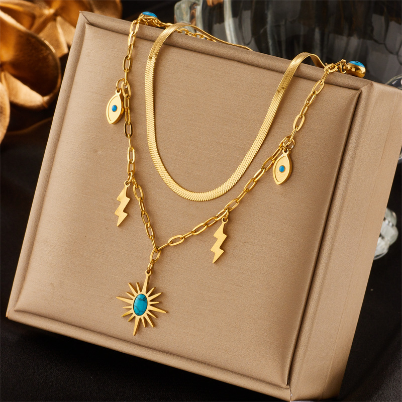 18K Gold Plated Stainless Steel Double Layer Necklace With Evil Eye Lightning Sun Pendant Turquoise Inlaid Snake Chain Bohemian Jewelry For Women