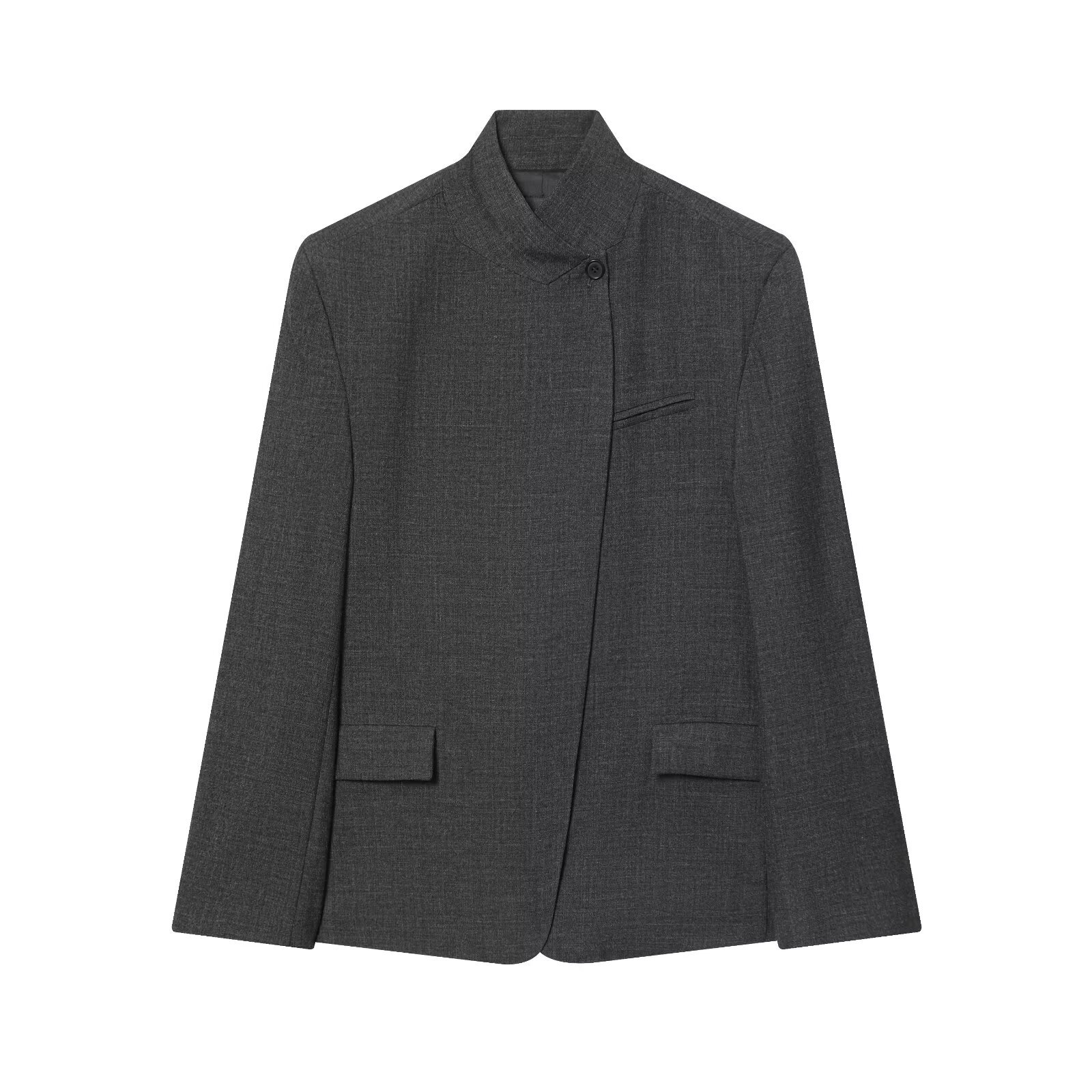 Women's Fashion Dark Grey Suit Jacket Polyester Blend Stand Collar Asymmetric One Button Blazer For Office Daily Casual Ladies Outerwear