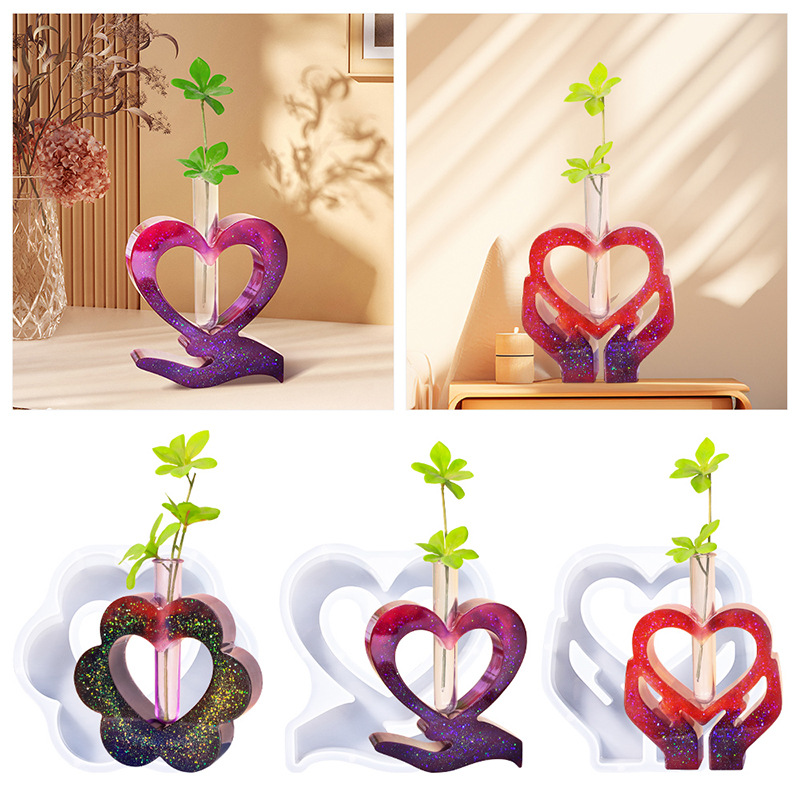 DIY Heart Shaped Hydroponic Vase Silicone Mold Set Hands Holding Heart Resin Casting Molds With PC Test Tubes For Home Desktop Decor Plants Propagation Crafts