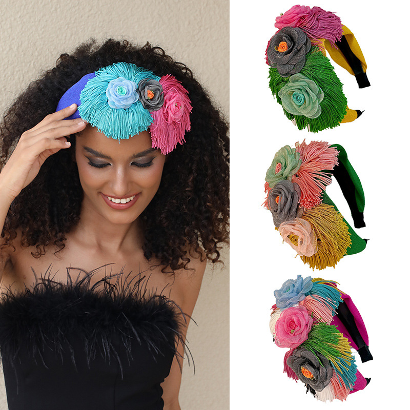 Original Design Handmade Fabric Flower Tassel Headband Oversized Boho Floral Wide Brim Hair Band For Women Wedding Party Hair Accessories