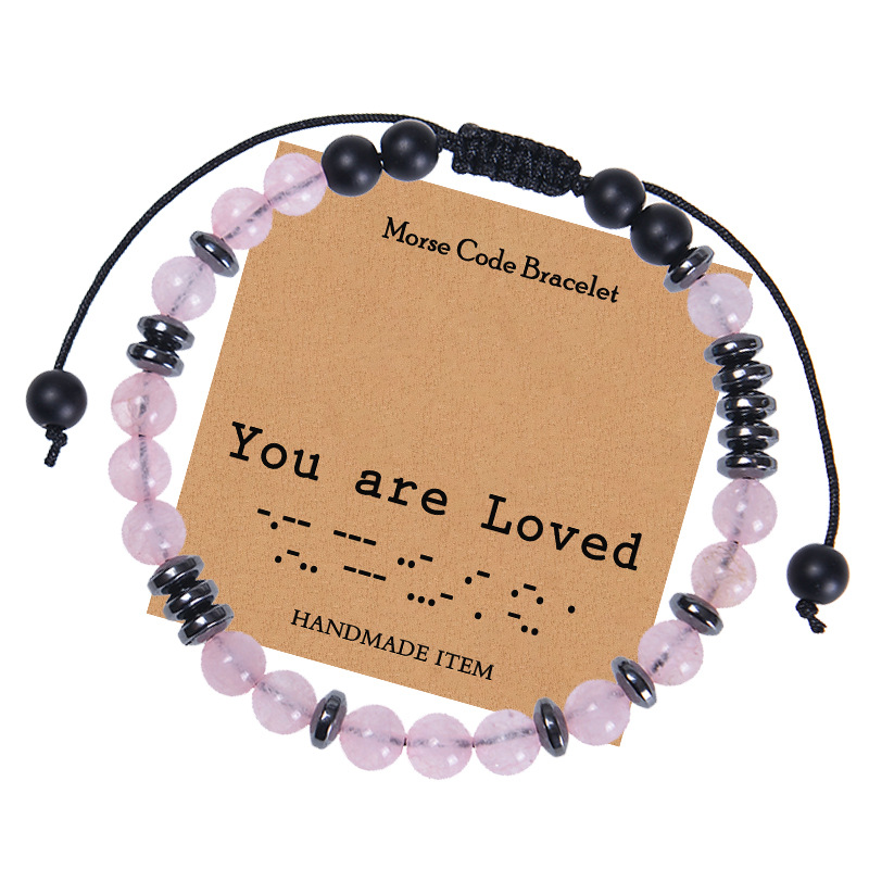 Morse Code Bracelet Rose Quartz Matte Stone Hematite Beads Handmade Adjustable Rope For Women Men Gift Jewelry With Card