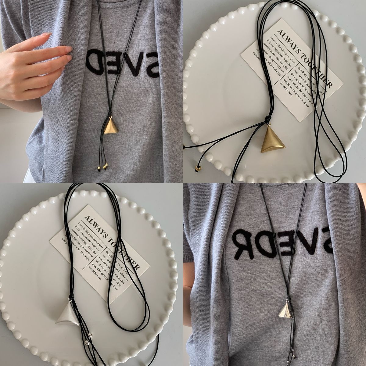 Minimalist Geometric Triangle Pendant Necklace For Women Long Adjustable Black Wax Cord Alloy Metal Jewelry Daily Casual Neck Accessories