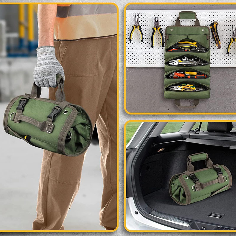 Heavy Duty 1200D Oxford Cloth Tool Roll Bag With 6 Pockets Detachable Pouch Waterproof Roll Up Tool Organizer For Car Mechanic Electrician Carpenter