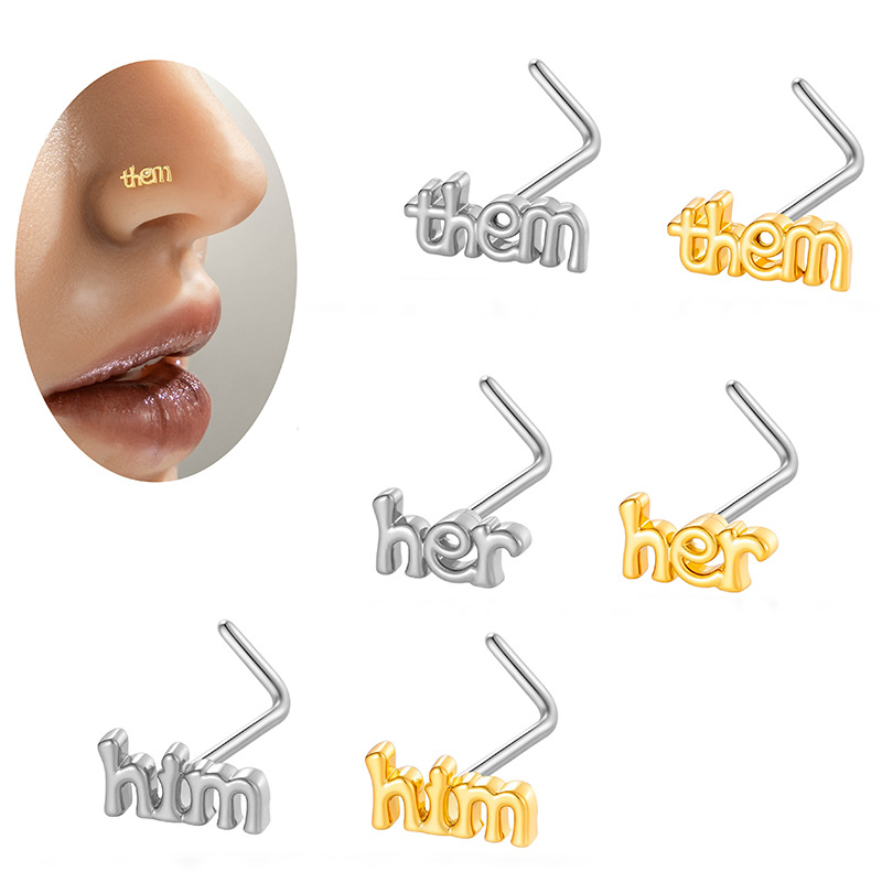 Titanium Steel L-Shaped Nose Studs With Copper Zirconia Letter Them Her Him Design Gold Silver Body Piercing Jewelry For Women Men